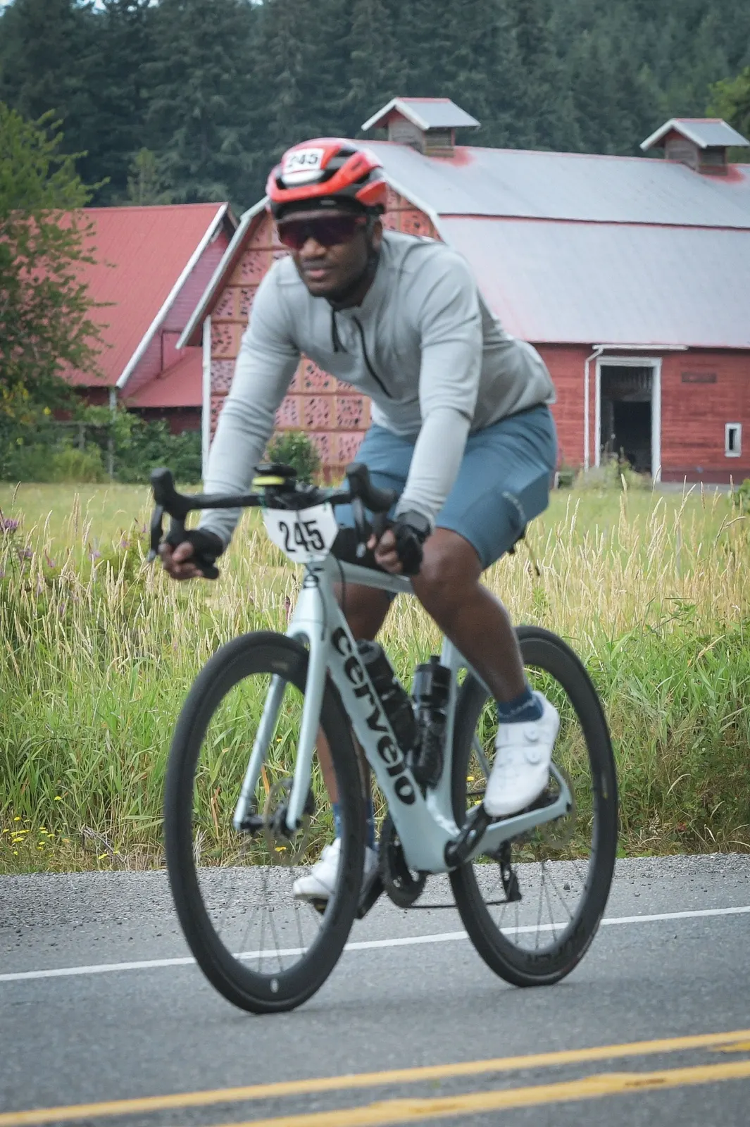 Me riding my Cervélo on the Seattle to Portland route, bib 245